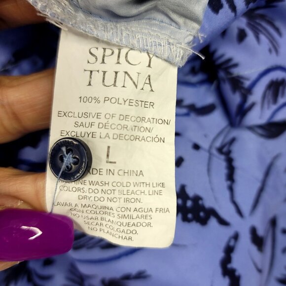 Spicy Tuna Coastal Outfitter Mens Hawaiian Button-Up Shirt Blue Black Palm Large - Picture 5 of 7